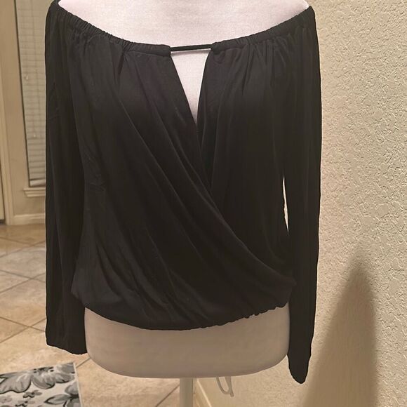 Krisa Women's S Wrapover Blouse Black Dressy Off Shoulder Micro Modal Top NWT - Picture 2 of 11